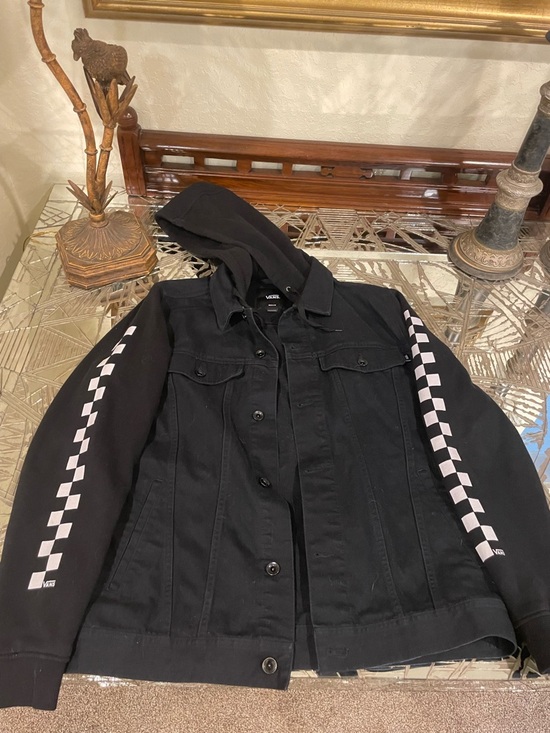 Vans Other - Vans Black Hooded Denim Bomber Jacket with Checker Sleeve